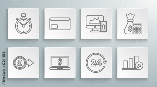 Set line Coin money with pound sterling symbol, schedule, chart, diagram, infographic, pie graph, Financial or the computer monitor and mobile phone, Calculator bag and Stopwatch icon. Vector