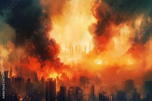 Illustration of a burning city with tall towers and heavy smoke. Generative AI