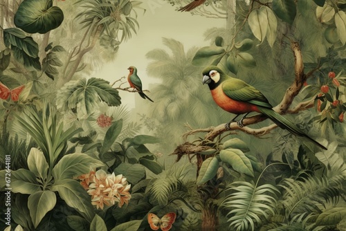 Tropical forest with old vintage drawing of birds amidst lush wallpaper jungle and leaves. Generative AI