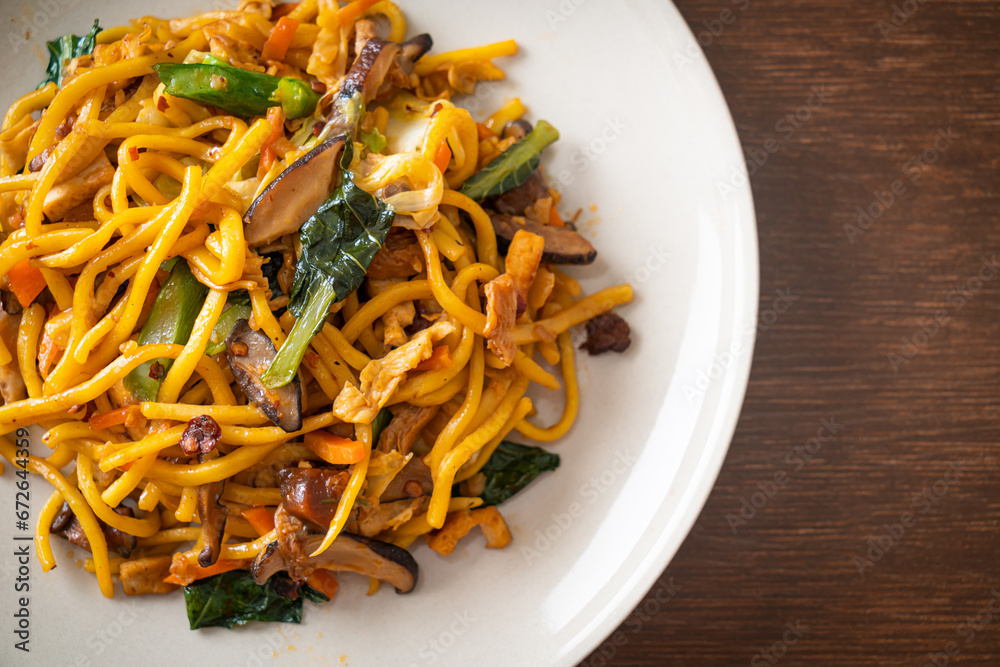 stir-fried yakisoba noodles with vegetable in vegan style stir-fried yakisoba noodles with vegetable in vegan style