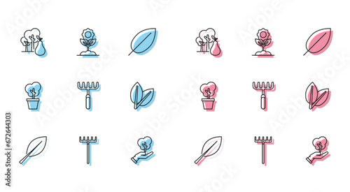 Set line Leaf, Garden rake, Tree with pears, in hand of environmental protection, Leafs, pot and Flower icon. Vector