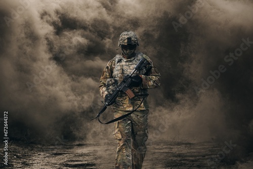 Special force walking between smoke and gas in battlefield at war