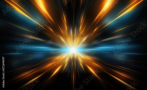 Light beams speed background. Golden lights on dark background. © Marharyta
