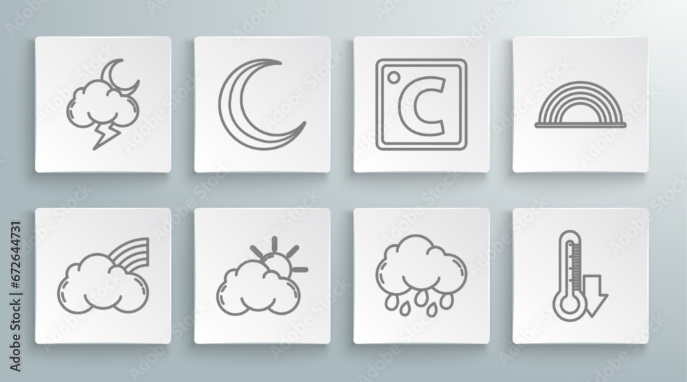 Set line Rainbow with clouds, Moon and stars, Sun weather, Cloud rain, Thermometer, Celsius, and Storm icon. Vector