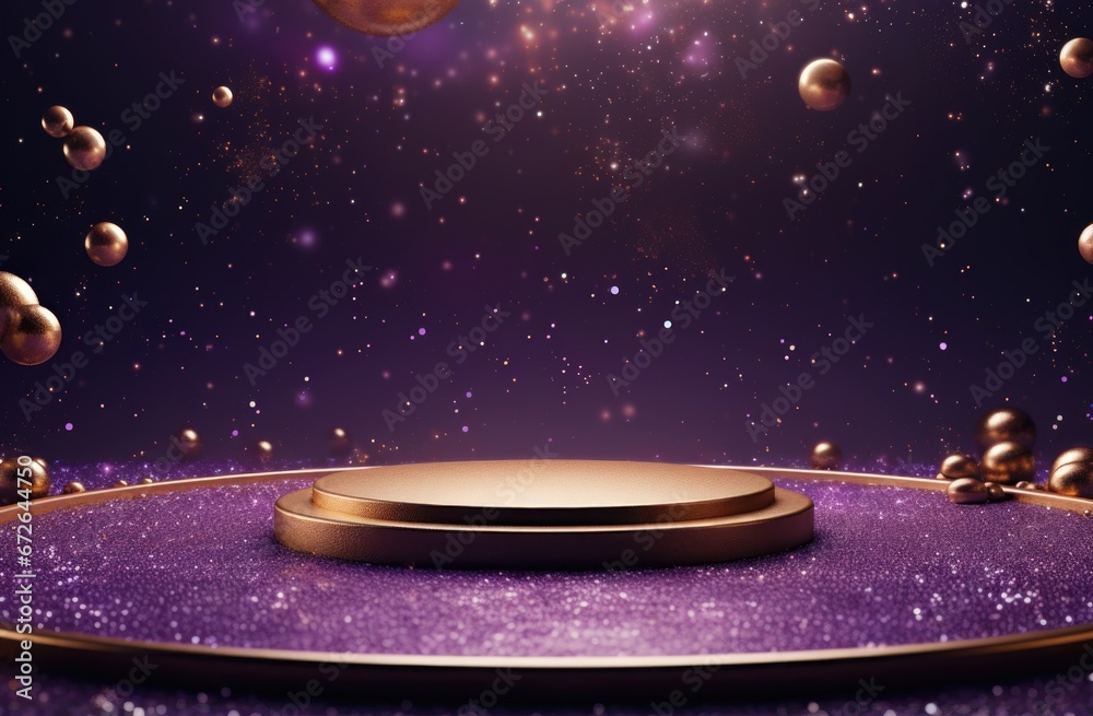 Gold podium for product presentation on purple background with starburst Gold podium for product presentation on purple background with starburst