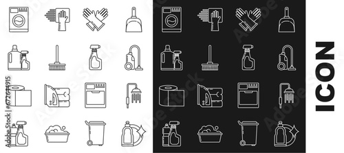 Set line Plastic bottles for liquid dishwashing liquid, Shower head with water drops flowing, Vacuum cleaner, Rubber gloves, Mop, Washer and Cleaning spray detergent icon. Vector