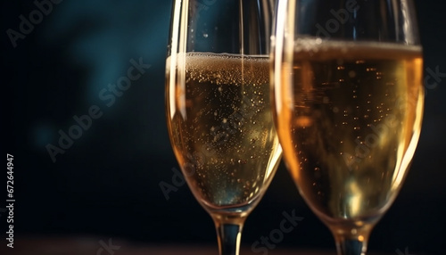 A luxurious celebration event with champagne flutes and wine bottles generated by AI