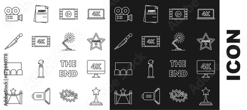 Set line Movie trophy, Computer PC monitor with 4k video technology, Hollywood walk of fame star celebrity boulevard, Play Video, movie, tape, frame, Knife, Cinema camera and Table lamp icon. Vector