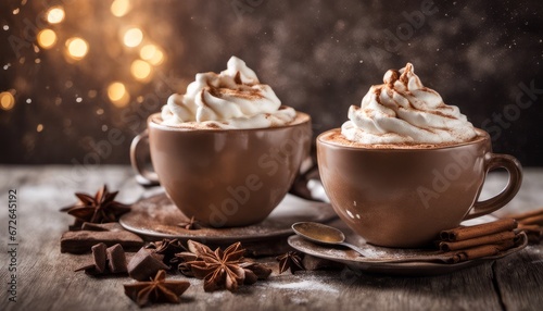Two cups of hot chocolate with whipped cream and cinnamon on top. The cups are on a wooden table with star anise and cinnamon sticks scattered around.