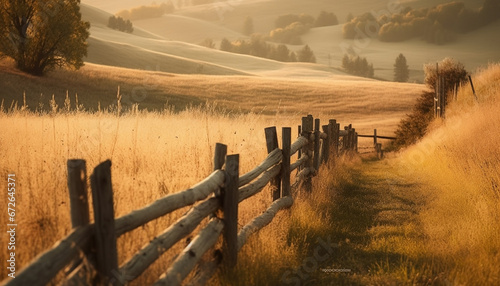 Tranquil scene Sunrise over the rustic farm fence and meadow generated by AI