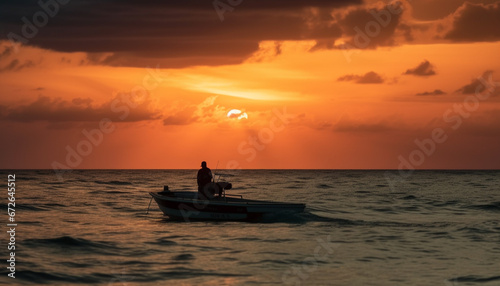 A fisherman rows his nautical vessel at dawn for fishing generated by AI