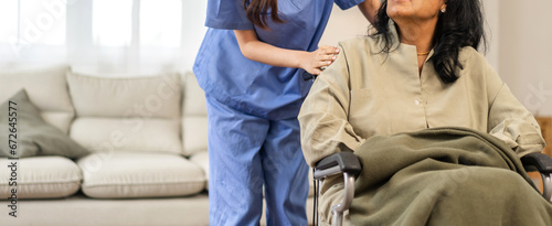 Portrait of smiling caring asian nurse service help support discussing and consulting taking care, caring, caregiver with senior elderly asian woman at home visit.senior retirement home care concept