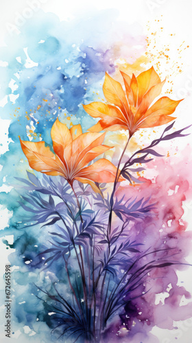 Abstract delicate tropical background in watercolor style. Exotic flowers in watercolor splashes