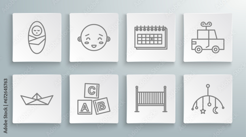Fototapeta premium Set line Folded paper boat, Happy little boy head, ABC blocks, Baby crib cradle bed, hanging toys, Calendar, Toy car and Newborn baby infant swaddled icon. Vector