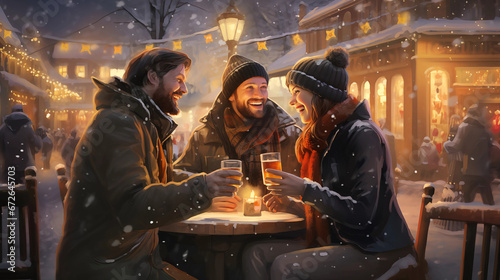 friends enjoying drinks at a festive outdoor winter market
