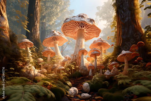 sunlit autumnal forest floor covered with a variety of mushrooms