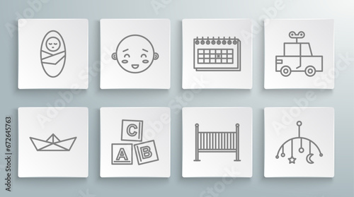 Set line Folded paper boat, Happy little boy head, ABC blocks, Baby crib cradle bed, hanging toys, Calendar, Toy car and Newborn baby infant swaddled icon. Vector