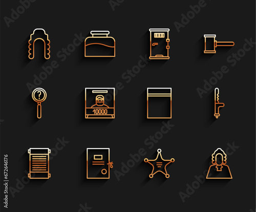Set line Decree, paper, parchment, scroll, Lawsuit, Judge wig, Hexagram sheriff, Wanted poster, Police rubber baton and Plastic bag with ziplock icon. Vector
