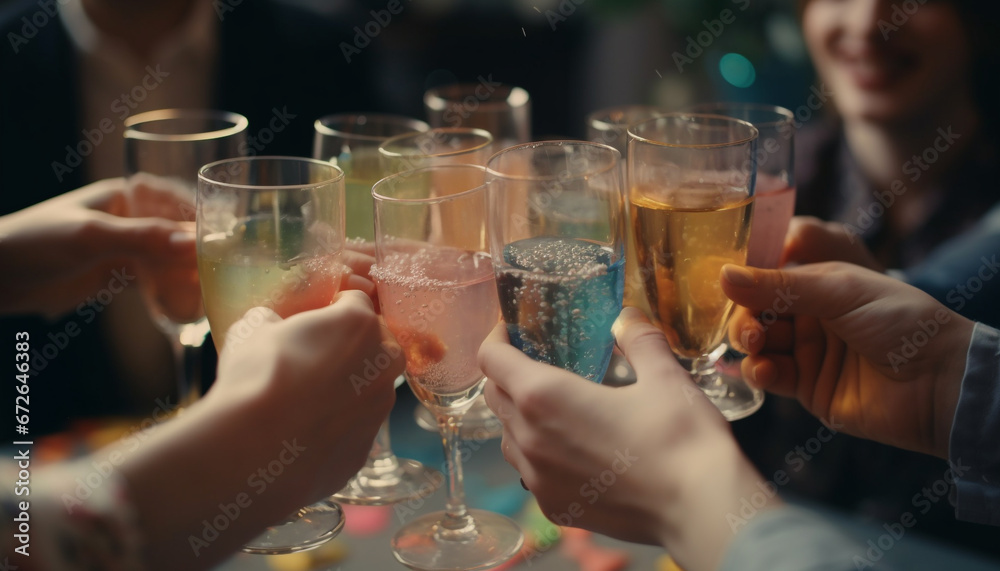 Group of friends cheers with champagne at lively nightclub party generated by AI