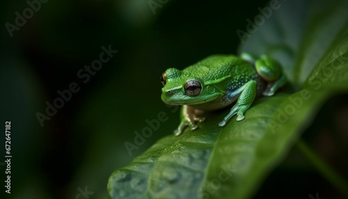 A slimy toad sitting on a leaf, watching the pond generated by AI