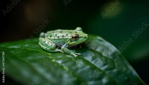 A cute toad sitting on a wet leaf, watching outdoors generated by AI