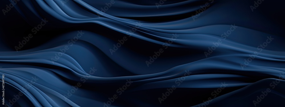 Fototapeta premium Seamless Silk satin fabric. Navy blue color. Abstract dark elegant background with space for design. Soft wavy folds. Drapery. Gradient. lines. Shiny. Shimmer. Glow.Template. Wide banner. Panoramic.