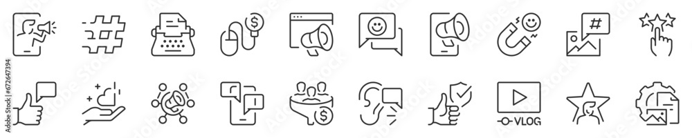 Influencer and social media marketing, thin line icon set. Symbol ...