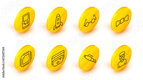 Set line Nerd geek, Fountain pen nib, Waist bag of banana, Processor with CPU, Bow tie, Eyeglasses, Rocket ship and Tetris icon. Vector