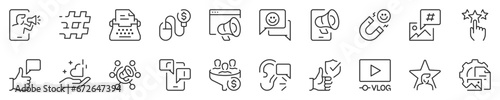 Influencer and social media marketing, thin line icon set. Symbol collection in transparent background. Editable vector stroke. 512x512 Pixel Perfect.