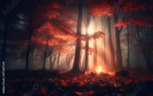 Camping in the forest Building a bonfire in the forest at night Take a vacation in the misty forest in winter