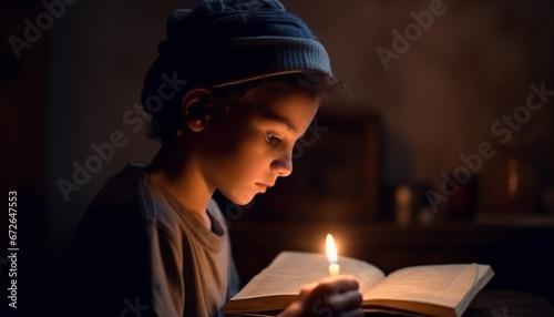 The schoolboy, smiling, reads the Bible by candlelight with joy generated by AI