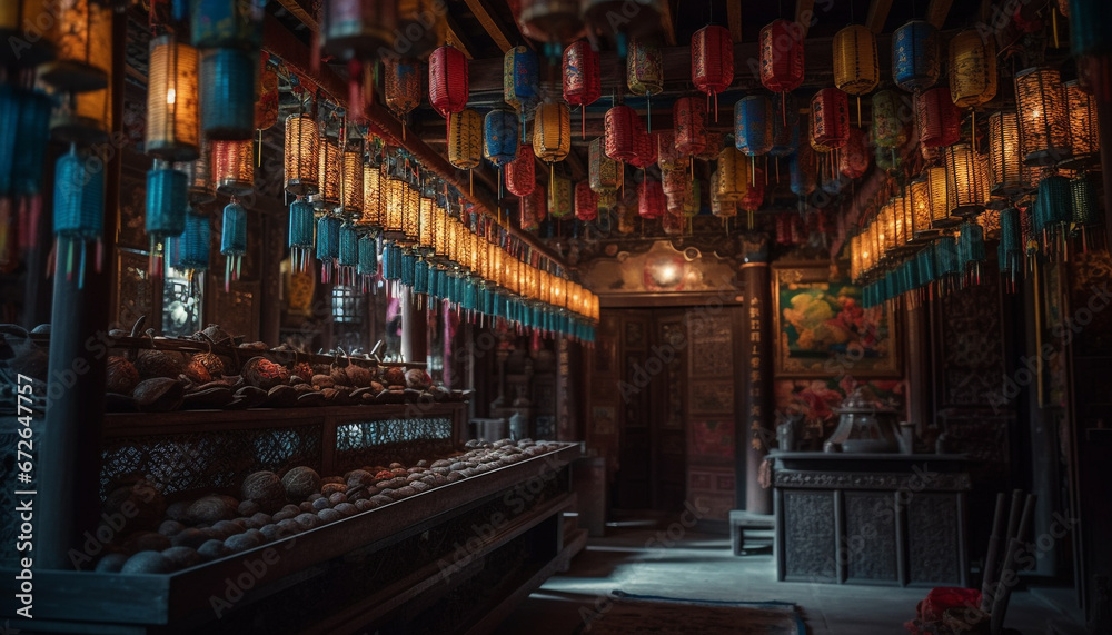 An illuminated lantern store showcases abundance of Chinese souvenirs generated by AI