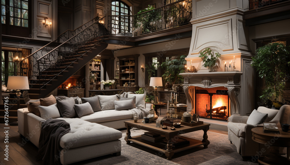 A cozy, modern living room with comfortable sofa and elegant decor generated by AI A cozy, modern living room with comfortable sofa and elegant decor generated by AI