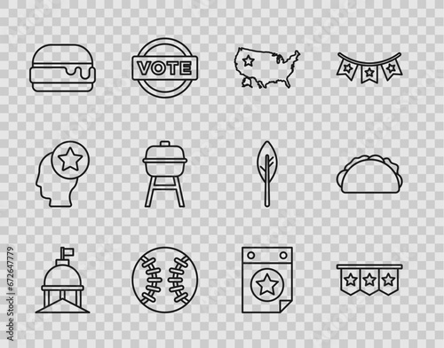 Set line White House, Carnival garland with flags, USA map, Baseball ball, Burger, Barbecue grill, Calendar date July 4 and Taco tortilla icon. Vector