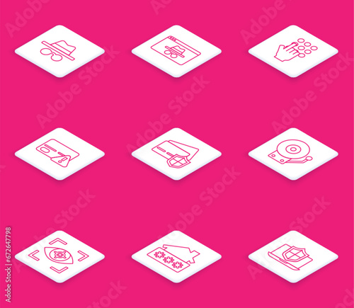 Set line Incognito mode, Browser incognito window, Password protection, Credit card, with shield, Ringing alarm bell, Eye scan and House password icon. Vector