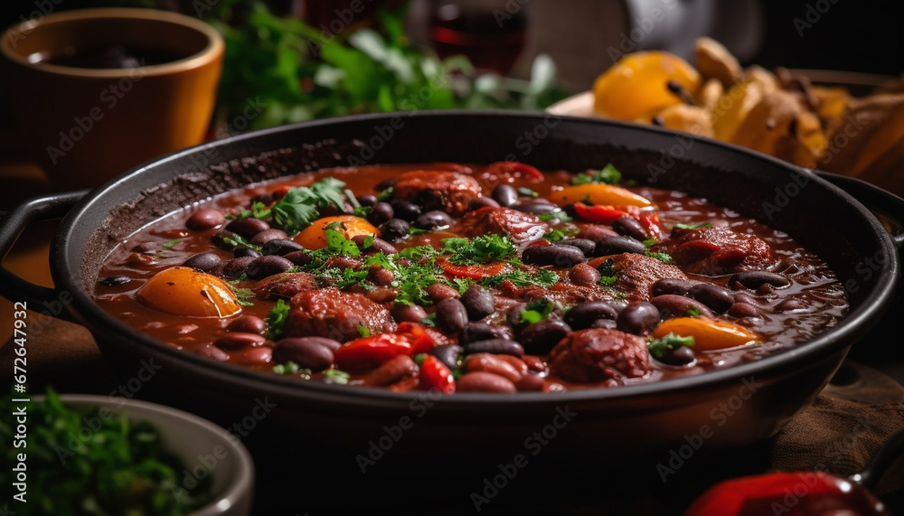 A rustic vegetable stew cooked in a cast iron casserole generated by AI A rustic vegetable stew cooked in a cast iron casserole generated by AI