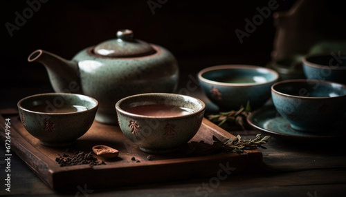 Antique teapot on rustic table, surrounded by earthenware ceramics generated by AI