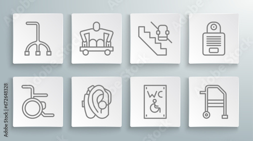 Set line Wheelchair, Man without legs sitting wheelchair, Hearing aid, Separated toilet for disabled, Walker, Disabled elevator, Intercom and Walking stick cane icon. Vector