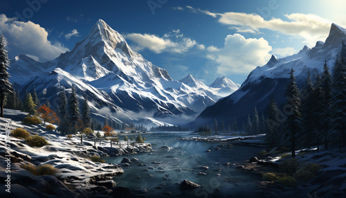 Tranquil scene of majestic mountain range reflects beauty in nature generated by AI