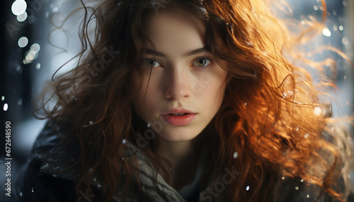 A beautiful young woman with long brown hair, looking at camera generated by AI