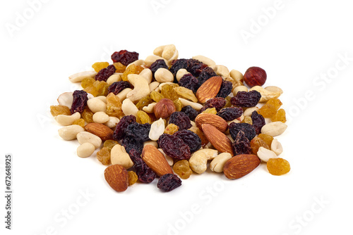 Healthy snack: mixed nuts and dried fruits, isolated on white background.