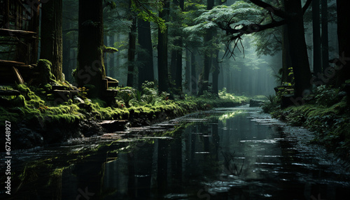 Tranquil scene  foggy forest  green trees  wet footpath  mysterious beauty generated by AI
