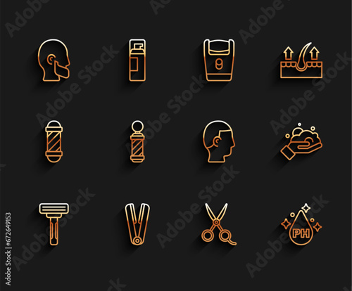 Set line Shaving razor, Curling iron for hair, Mustache and beard, Scissors hairdresser, Oil care treatment, Classic Barber shop pole, foam hand and Hairstyle icon. Vector