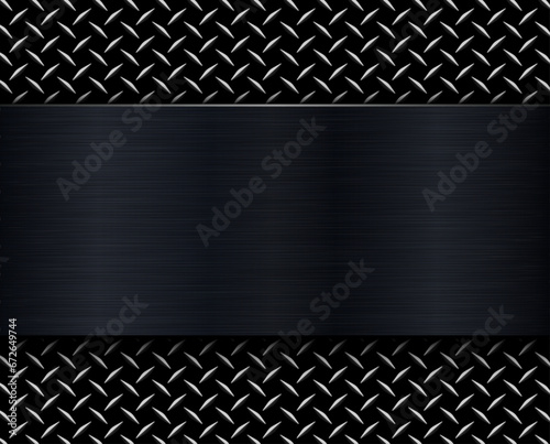 Black metallic background, brushed metal banner on diamond plate pattern back.