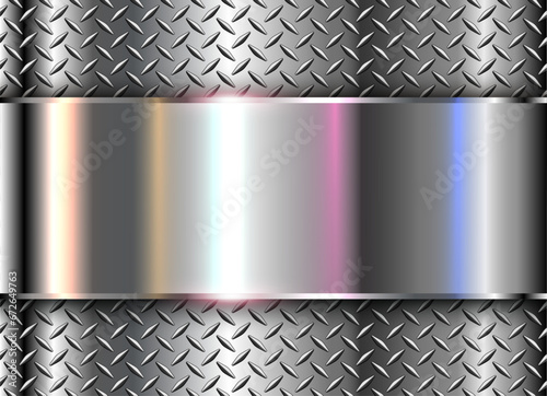 Metallic silver background with opalescent pearl colors, chrome metal background with diamond plate pattern texture.