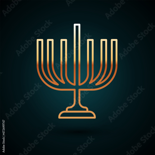 Gold line Hanukkah menorah icon isolated on dark blue background. Hanukkah traditional symbol. Holiday religion, jewish festival of Lights. Vector