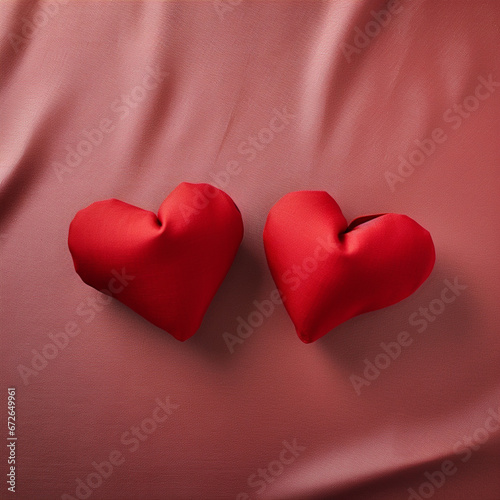 Two red heart on fabric background, ai technology