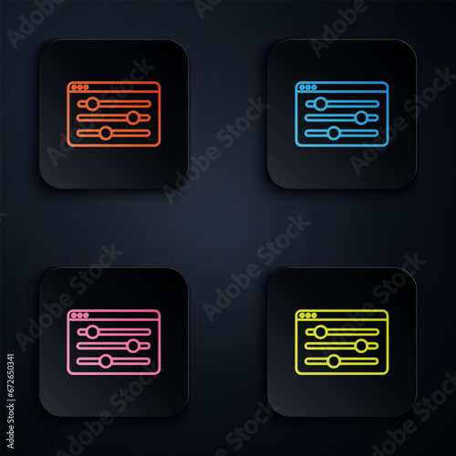 Color neon line Browser setting icon isolated on black background. Adjusting, service, maintenance, repair, fixing. Set icons in square buttons. Vector