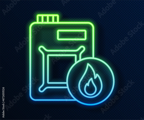 Glowing neon line Canister for motor machine oil icon isolated on blue background. Oil gallon. Oil change service and repair. Engine oil sign. Vector