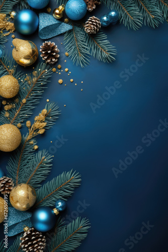 A blue and gold background full of christmas gift boxes, bows, ribbons and decorations. Copy/blank space for text.
